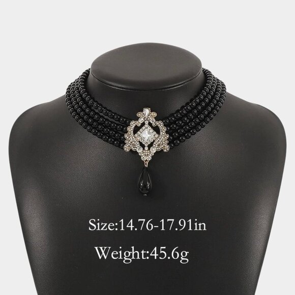 Multilayer Pearl Cluster Bib Elegant Choker Necklace Crystal Black Pearls - Picture 2 of 7